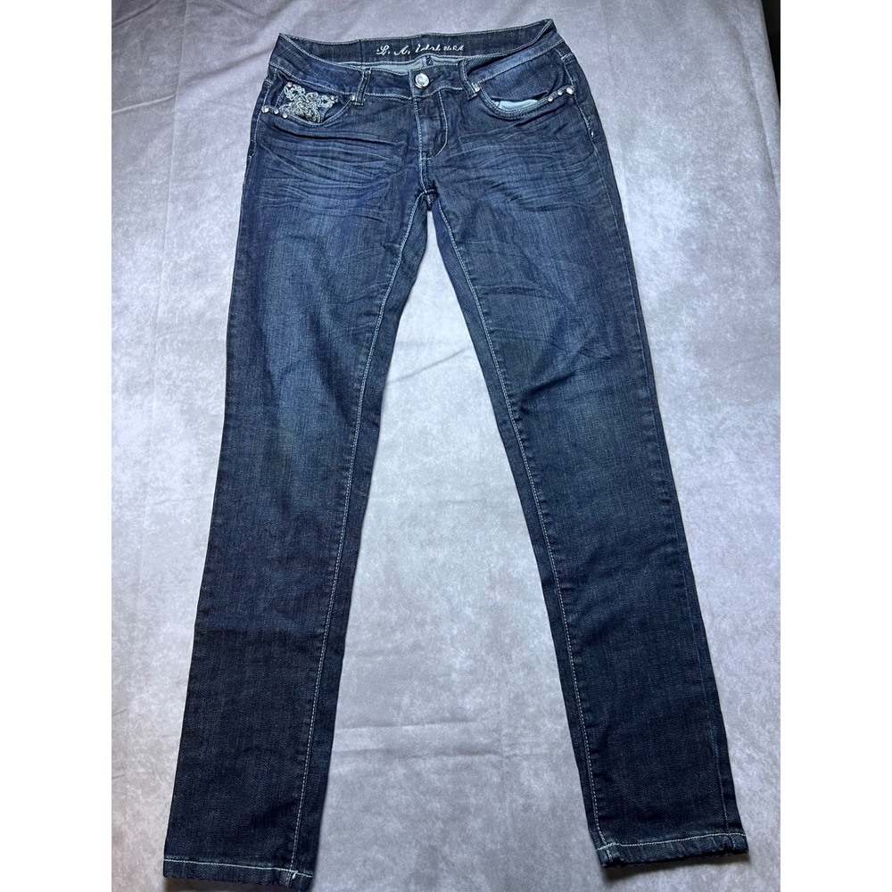 L.A. Idol Jeans Womens 9 Dark Blue Rhinestone Fleur De Lis Slim Straight Stretch